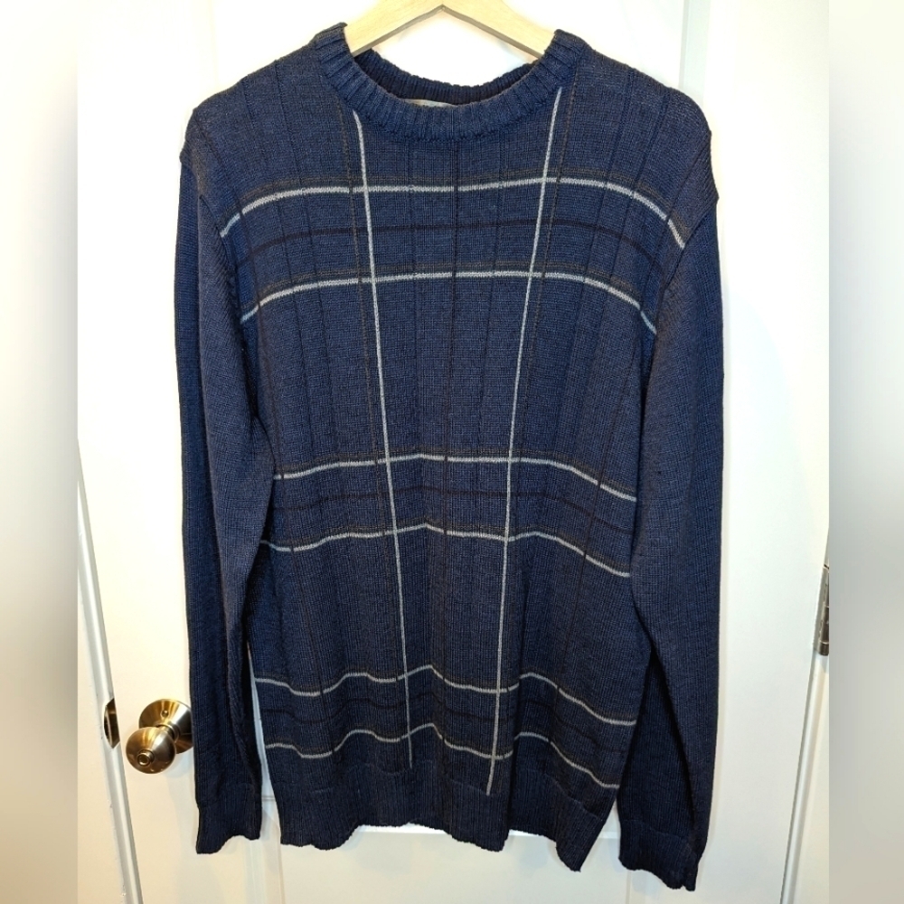 Oscar de la Renta Navy Blue Windowpane Plaid Crewneck Sweater Size Medium
